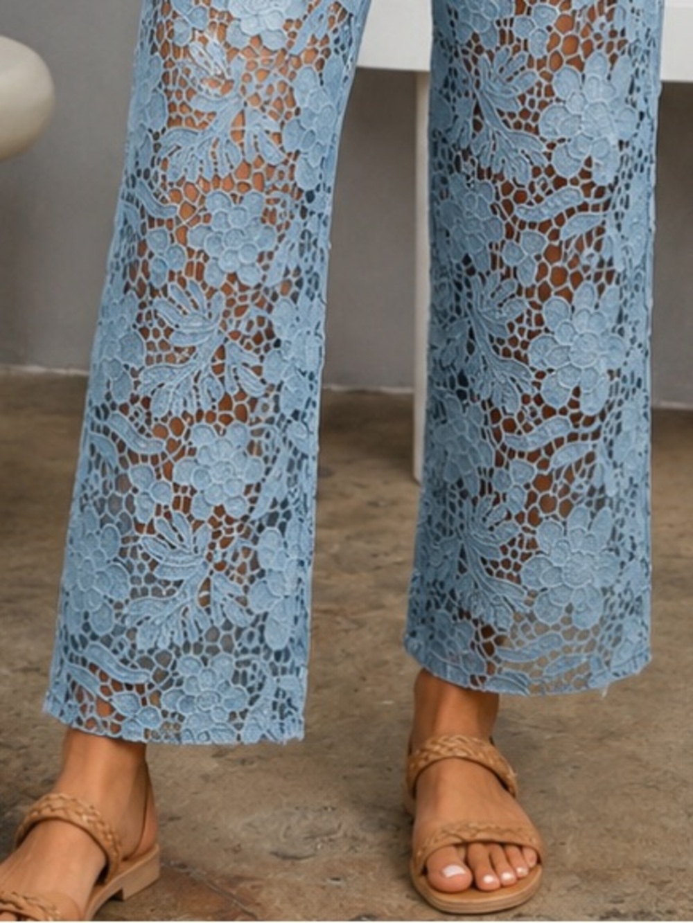 Light Blue Floral Lace Wide-Leg Women's Jeans - Picture 3 of 3